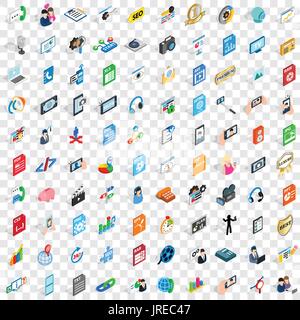 100 media icons set, isometric 3d style Stock Vector