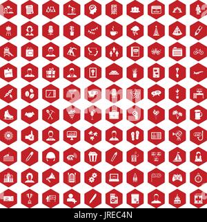 100 team building icons hexagon red Stock Vector