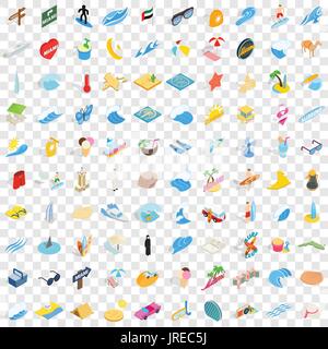 100 miami icons set, isometric 3d style Stock Vector