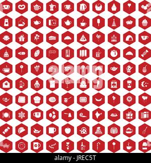 100 tea party icons hexagon red Stock Vector