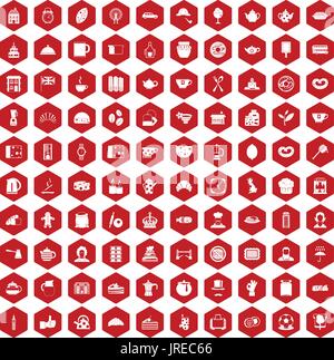 100 tea time food icons hexagon red Stock Vector