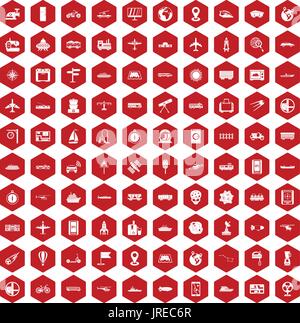 100 technology icons hexagon red Stock Vector