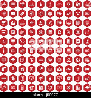 100 telecommunication icons hexagon red Stock Vector