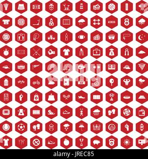 100 tennis icons hexagon red Stock Vector