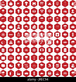 100 thunderstorm icons hexagon red Stock Vector