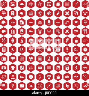 100 time icons hexagon red Stock Vector