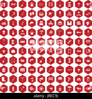 100 tools icons hexagon red Stock Vector