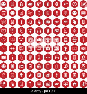 100 touch screen icons hexagon red Stock Vector