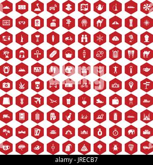 100 tourism icons hexagon red Stock Vector