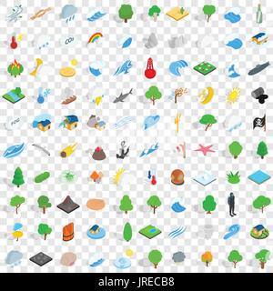 100 natural disasters icons set, isometric style Stock Vector