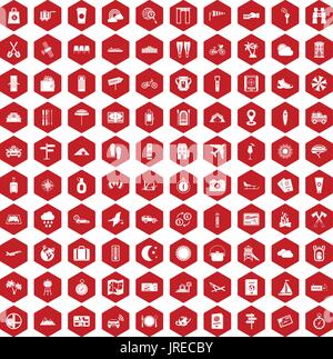100 tourist trip icons hexagon red Stock Vector