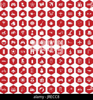 100 toys for kids icons hexagon red Stock Vector