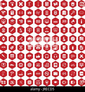 100 training icons hexagon red Stock Vector