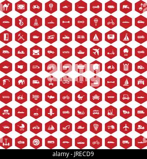 100 transport icons hexagon red Stock Vector