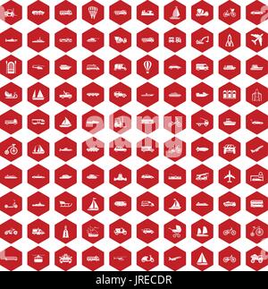 100 transportation icons hexagon red Stock Vector