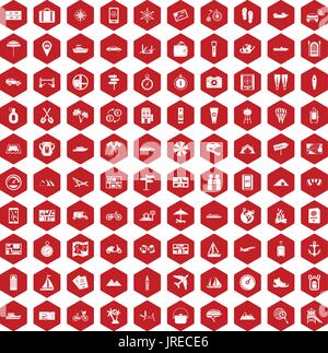 100 travel icons hexagon red Stock Vector