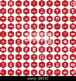 100 travel time icons hexagon red Stock Vector