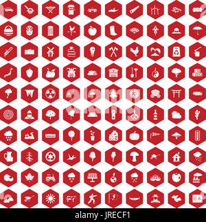 100 tree icons hexagon red Stock Vector