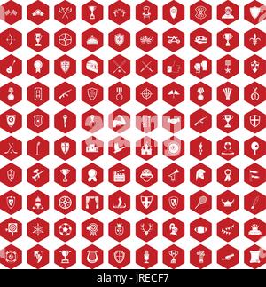 100 trophy and awards icons hexagon red Stock Vector