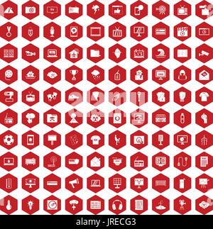 100 TV icons hexagon red Stock Vector