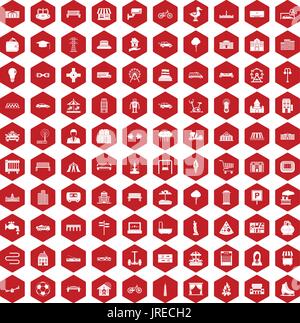 100 urban icons hexagon red Stock Vector