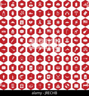 100 USA icons hexagon red Stock Vector
