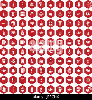 100 utensil icons hexagon red Stock Vector