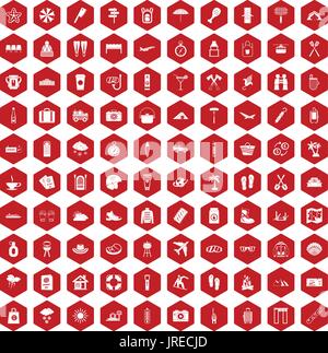 100 vacation icons hexagon red Stock Vector