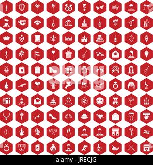 100 valentine day icons hexagon red Stock Vector