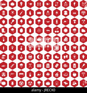 100 vegetables icons hexagon red Stock Vector