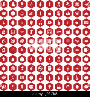 100 vegetarian cafe icons hexagon red Stock Vector