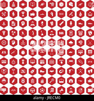 100 victory icons hexagon red Stock Vector