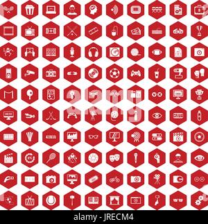 100 video icons hexagon red Stock Vector