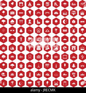 100 view icons hexagon red Stock Vector