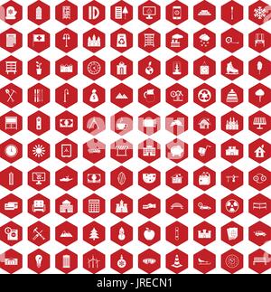 100 villa icons hexagon red Stock Vector