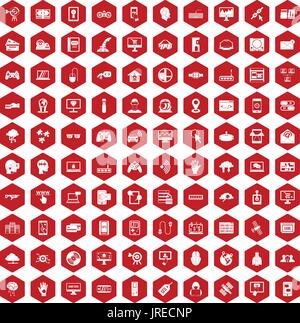 100 virtual icons hexagon red Stock Vector