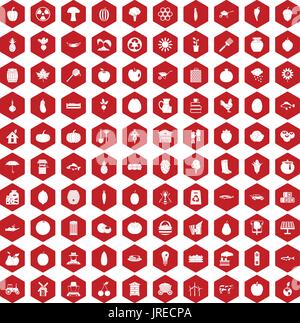 100 vitamins icons hexagon red Stock Vector
