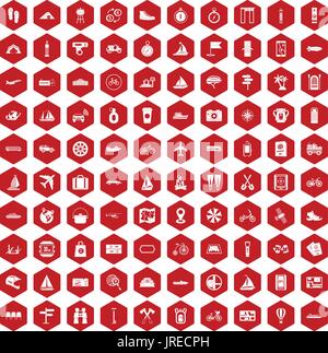 100 voyage icons hexagon red Stock Vector