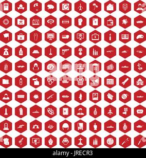 100 war icons hexagon red Stock Vector