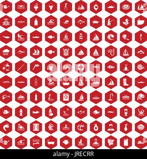 100 water icons hexagon red Stock Vector