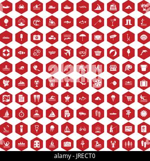 100 water recreation icons hexagon red Stock Vector