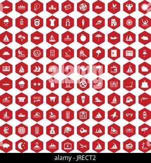 100 water sport icons hexagon red Stock Vector