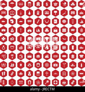100 wealth icons hexagon red Stock Vector