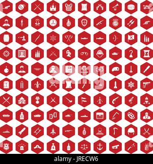 100 weapons icons hexagon red Stock Vector