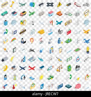 100 plane icons set, isometric 3d style Stock Vector