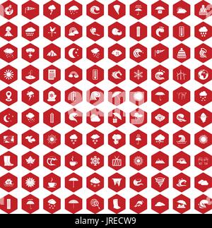 100 weather icons hexagon red Stock Vector