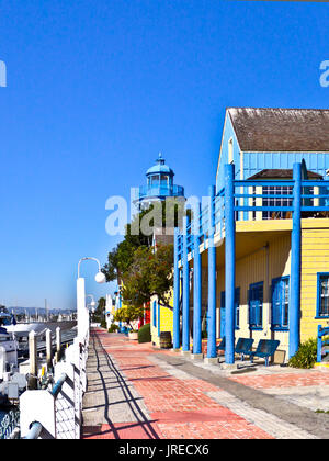 The stores in Fisherman's Village, Marina Del Rey, California, are near boats of all sizes. Stock Photo