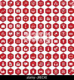 100 web and mobile icons hexagon red Stock Vector