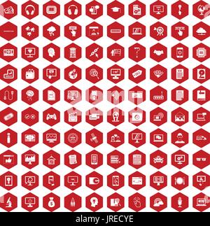 100 website icons hexagon red Stock Vector
