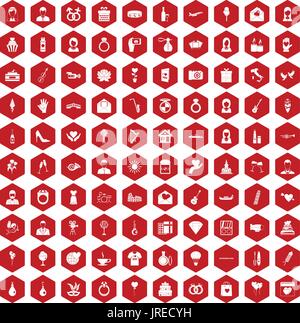 100 wedding icons hexagon red Stock Vector